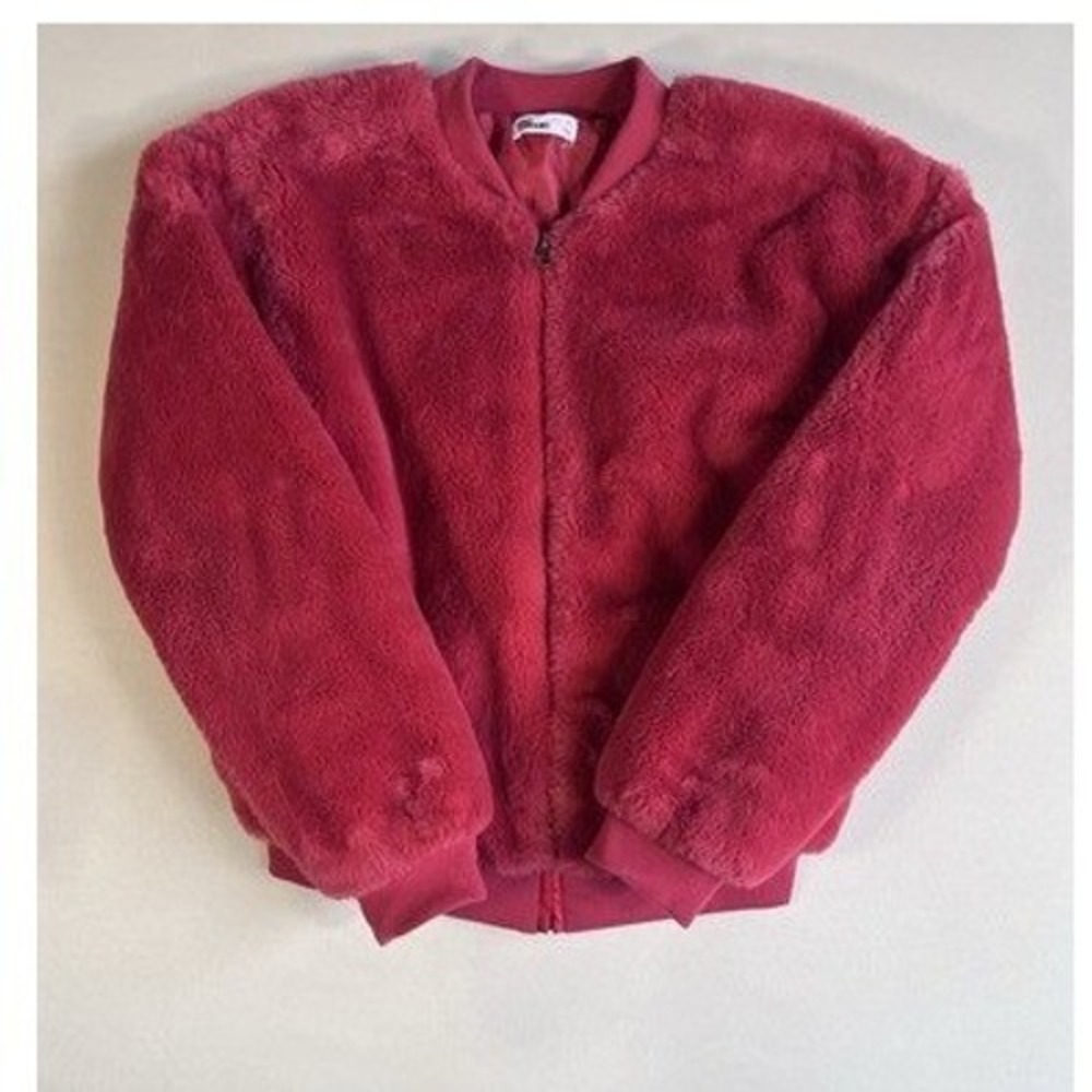 Raspberry Pink Faux Fur Bomber Jacket Girls XL Full Zip Plush Coat Y2K